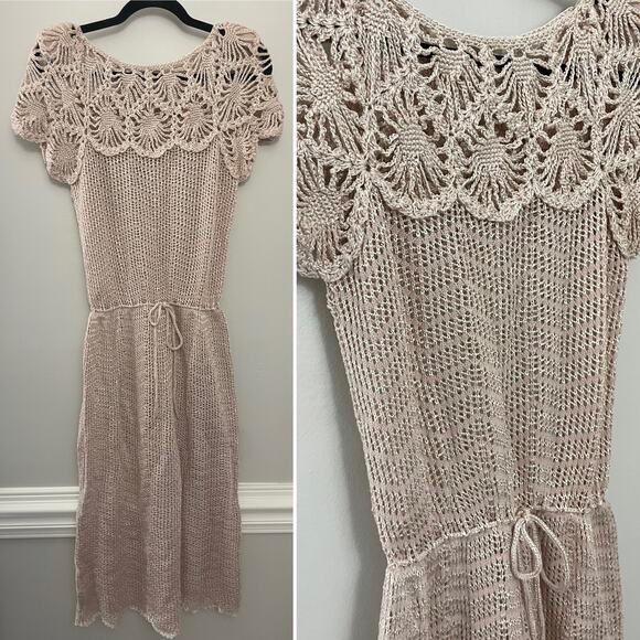 Oscar de la Renta Vintage 70's Nude Chenille Chevron Open Knit Crochet Dress S/M